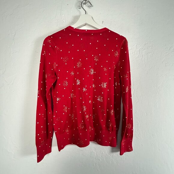 Lands' End Womens XS Red Supima Cotton Snowflake Christmas Cardigan Sweater New - Picture 2 of 8
